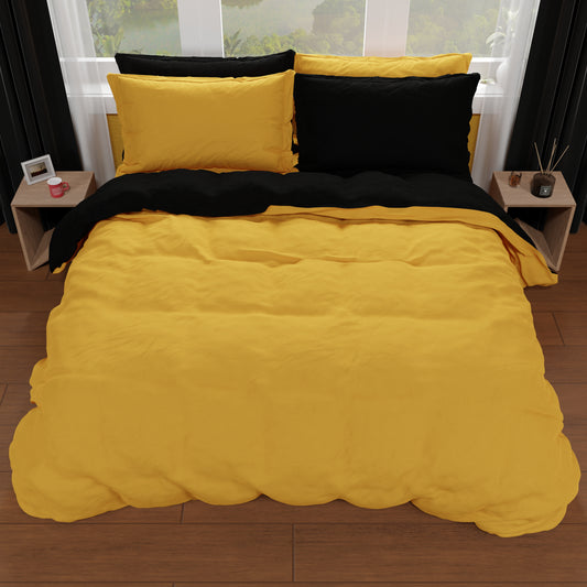 Housse de couette double, housse de couette et taies d'oreiller, jaune ocre/noir
