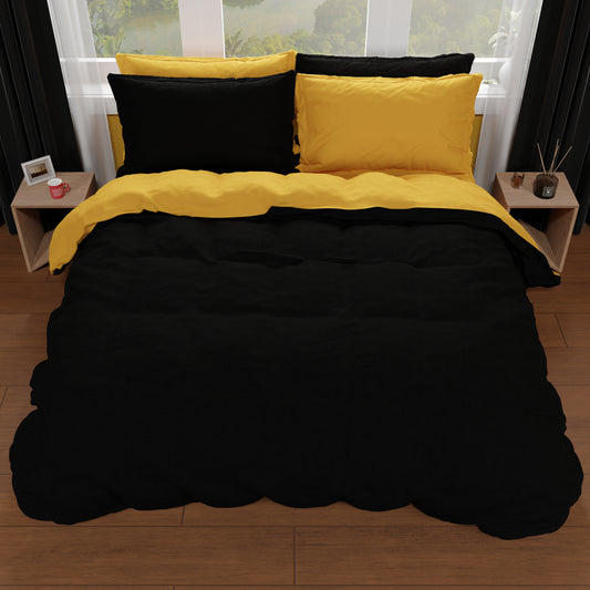 Housse de couette double, housse de couette et taies d'oreiller, jaune ocre/noir
