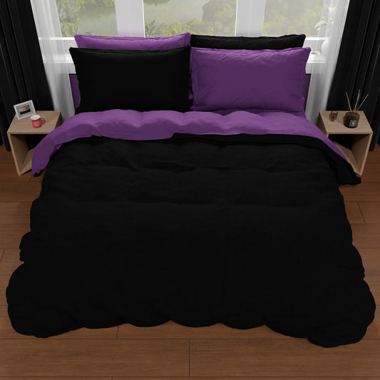 Housse de Couette Double, Housse de Couette et Taies d'Oreiller, Noir/Violet