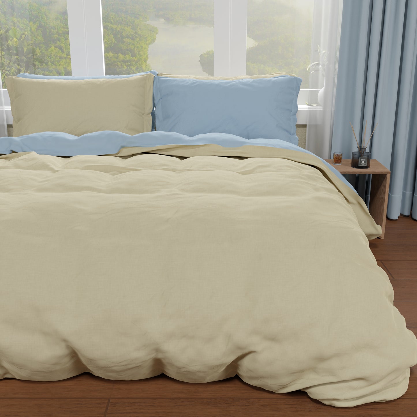 Double duvet cover, duvet cover and pillowcases, dove grey/light blue