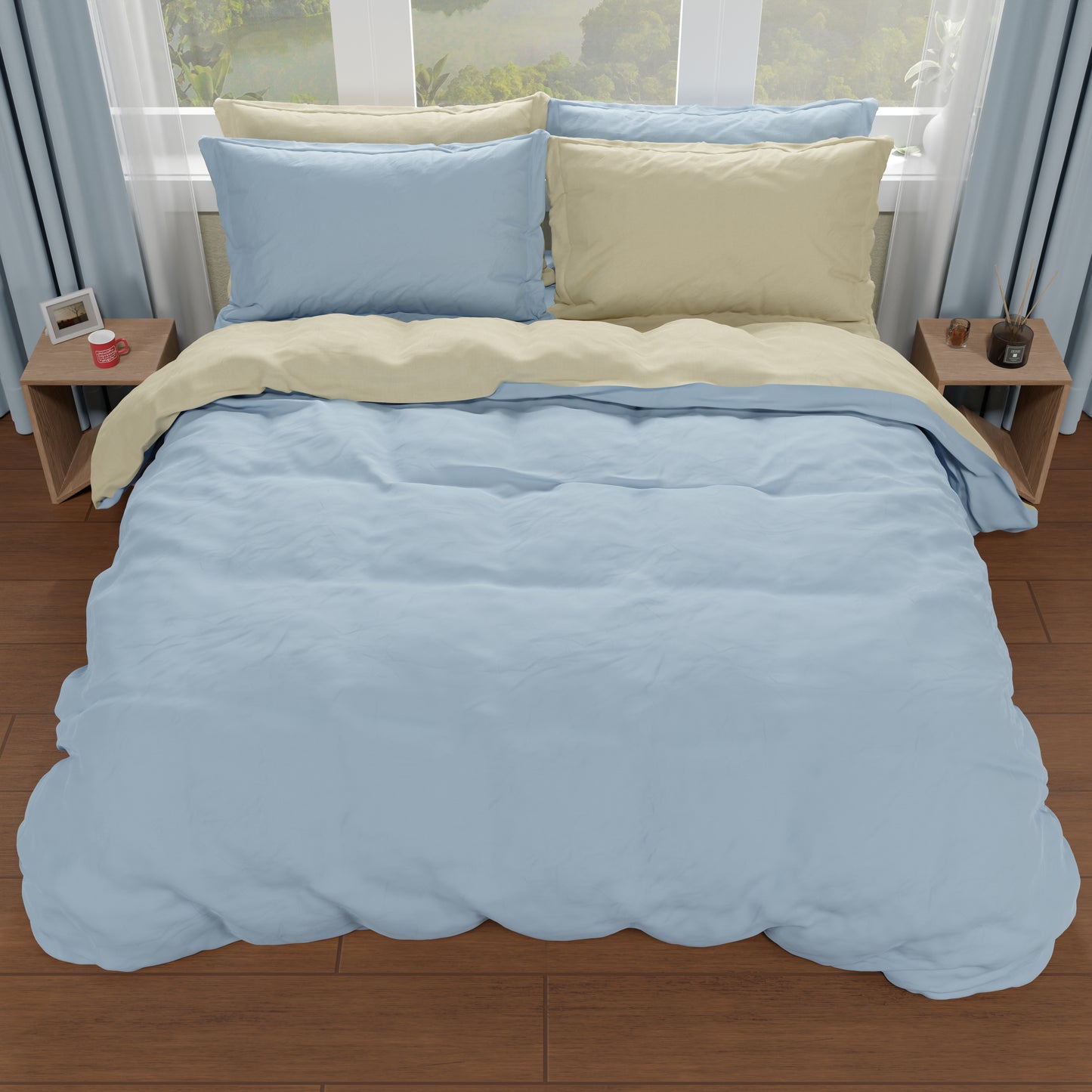 Double duvet cover, duvet cover and pillowcases, dove grey/light blue