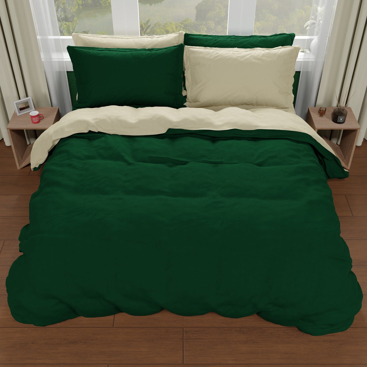 Double Duvet Cover, Duvet Cover and Pillowcases, Taupe/Emerald Green