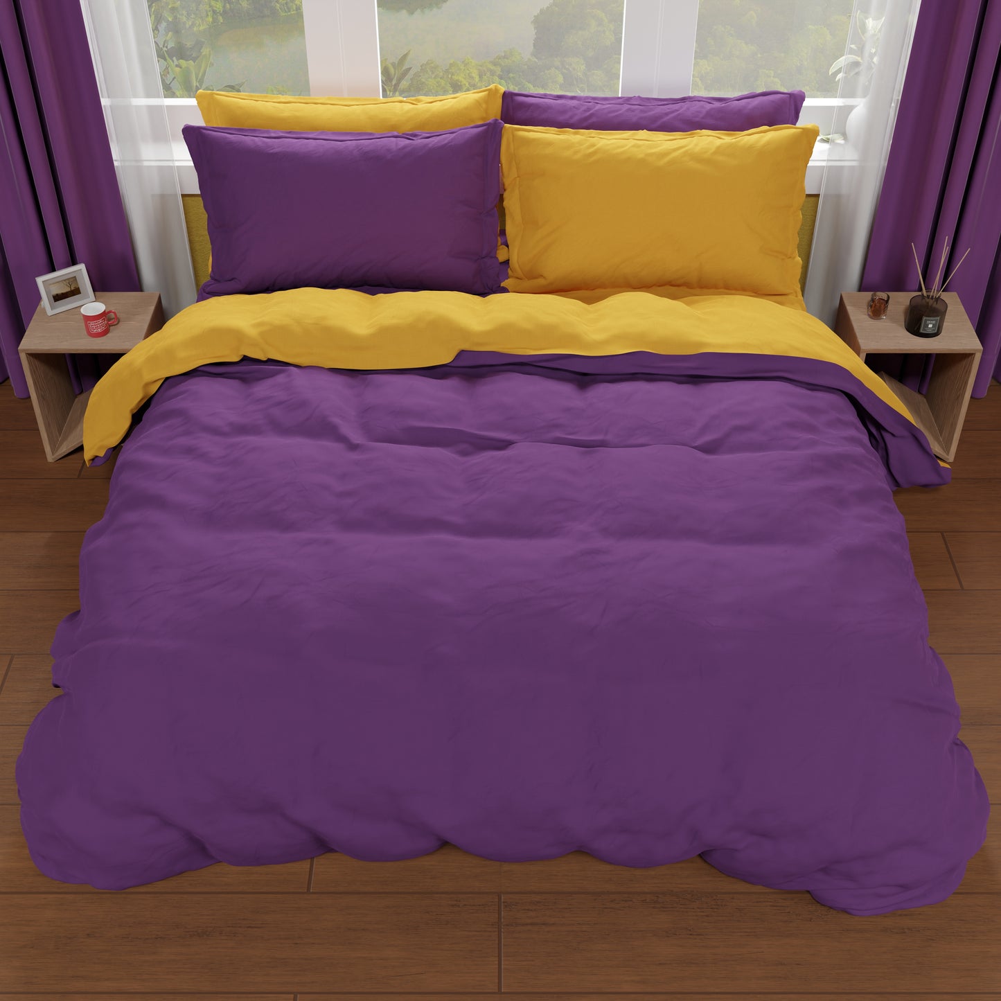 Double Duvet Cover, Duvet Cover and Pillowcases, Purple/Ochre Yellow