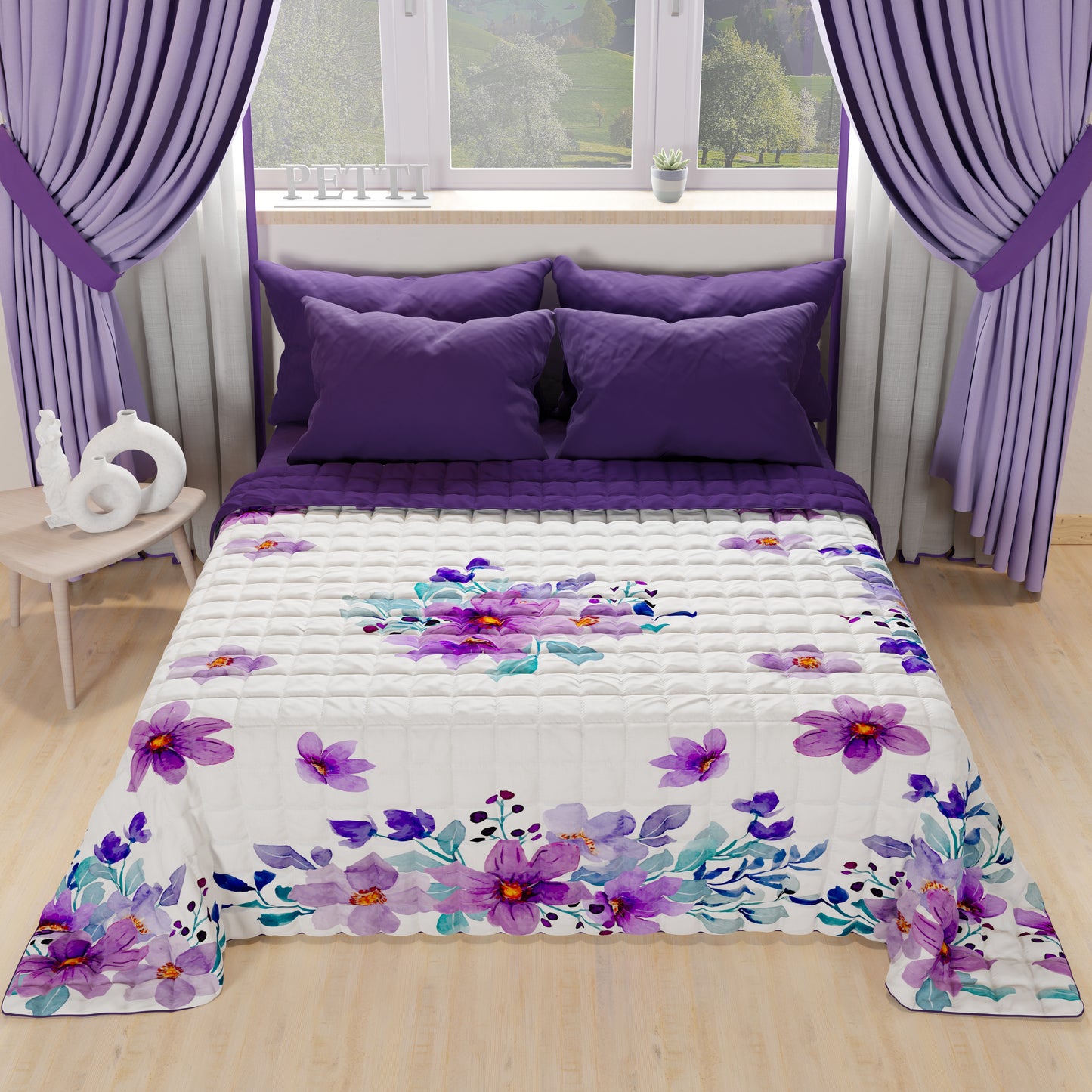 Spring Autumn Bedspread Quilt in Purple Floral Digital Print