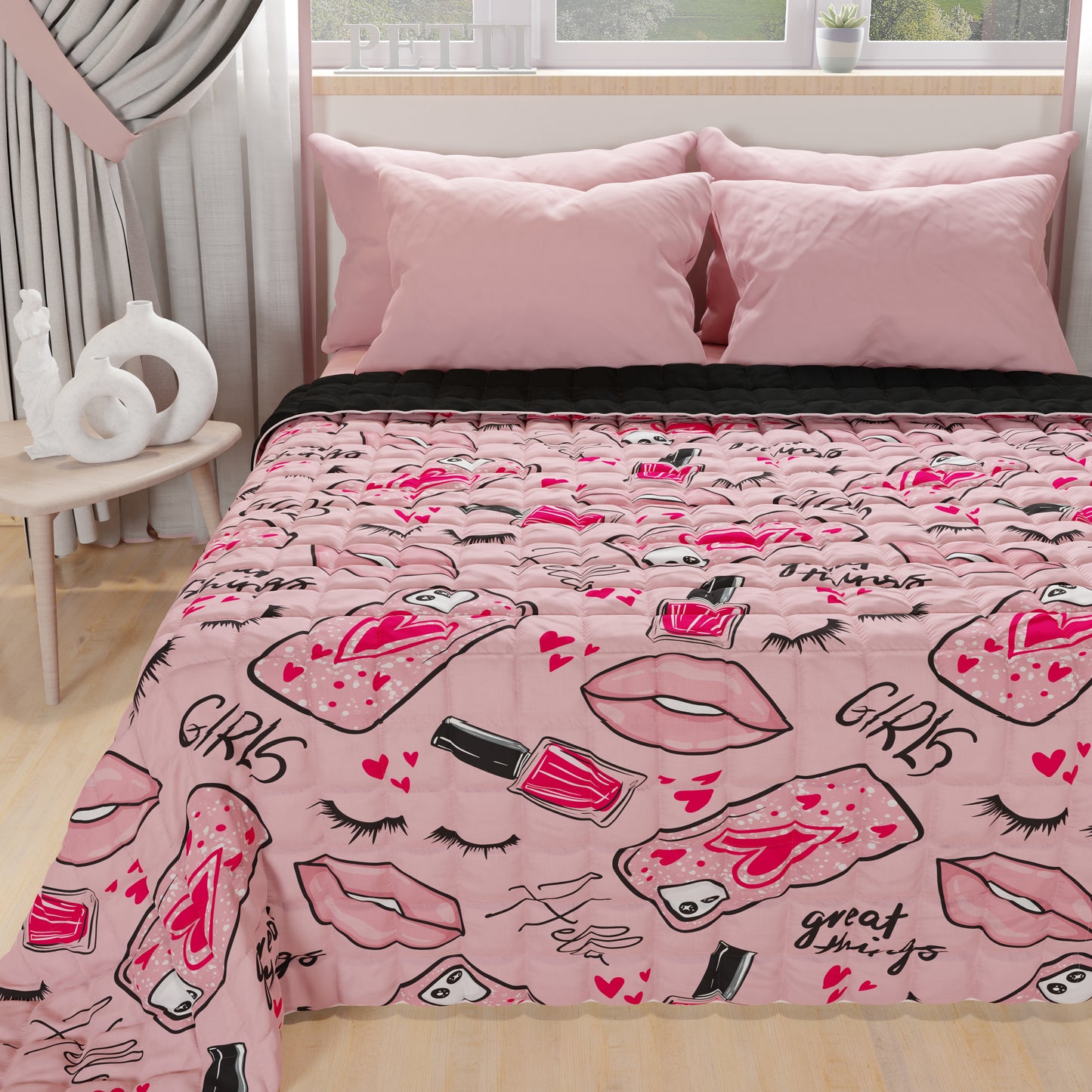 Spring Autumn Bedspread Quilt in Pink Lipstick Digital Print