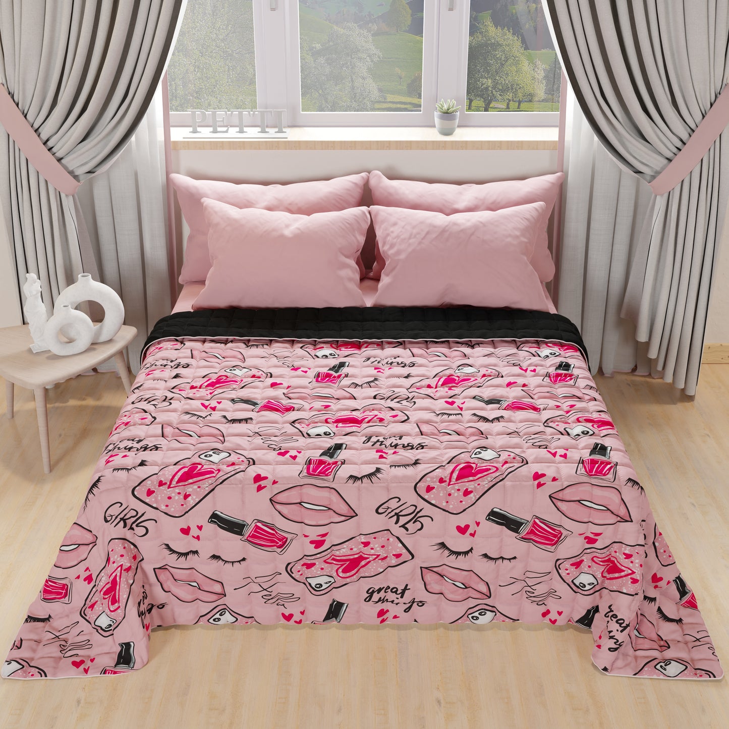 Spring Autumn Bedspread Quilt in Pink Lipstick Digital Print