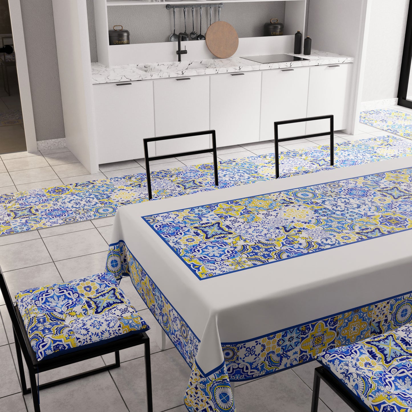 Nappe moderne, couverture de table de cuisine, Vietri 02 bleu