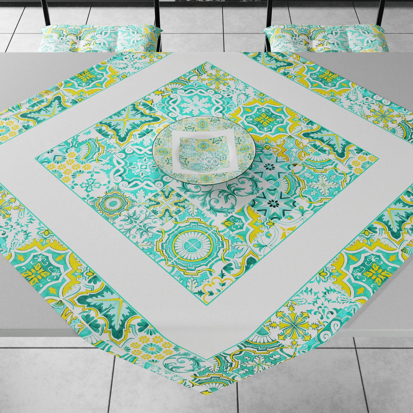 Geometric Centerpiece for Kitchen in Vietri 02 Aqua Green Digital Print